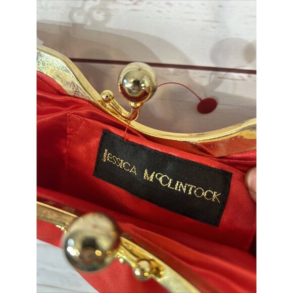 Jessica McClintock Red Satin Clutch Purse Gold Chain Snap closure with bling - Picture 5 of 9